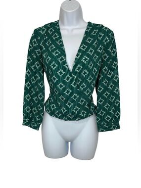 Blue Rain Green/White Faux Wrap Geometric Print Blouse